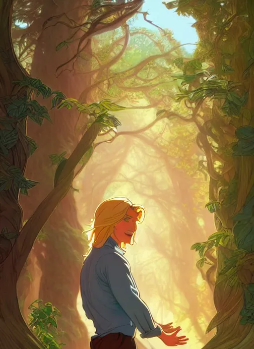 Image similar to book cover design, pretty young man with long golden blond hair in a forest, natural lighting, path traced, highly detailed, high quality, cartoon, digital painting, by don bluth and ross tran and studio ghibli and alphonse mucha