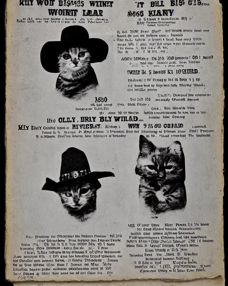 Image similar to 1865 wanted poster Wanted $1000 Reward kitten in cowboy hat Billy the Kit