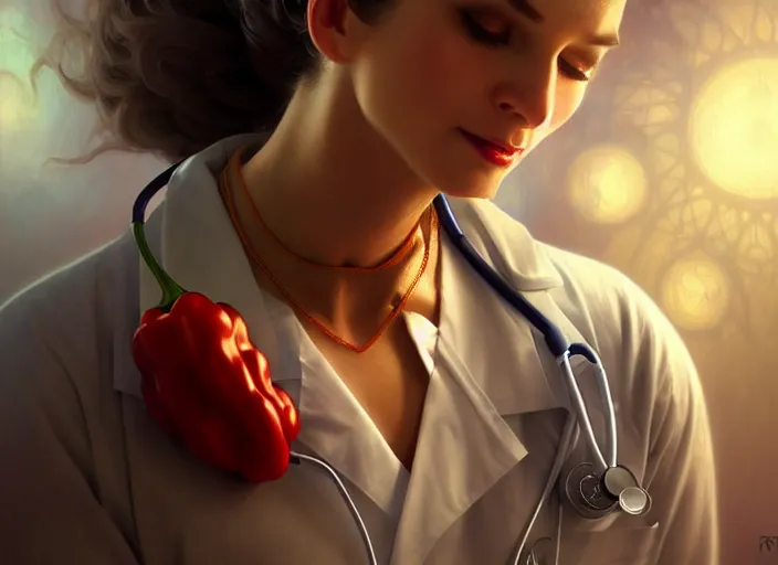 Prompt: a pepper wearing a white doctor's uniform, diffuse lighting, fantasy, hospital background, intricate, elegant, highly detailed, lifelike, photorealistic, digital painting, artstation, illustration, concept art, smooth, sharp focus, art by frank frazetta and marco bucci and loish and rossdraws and artgerm and alphonse mucha