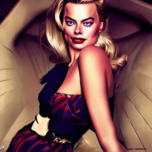 Image similar to Margot Robbie as a pinup girl, digital art, hyperrealistic