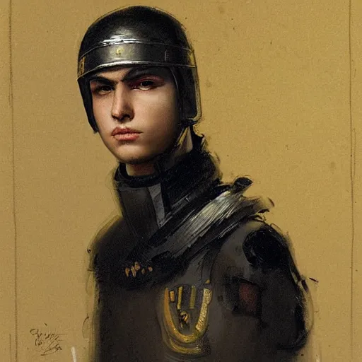 Prompt: Medium closeup young idealistic and pious male Imperial soldier wearing a black tabard with light yellow accents over a gambeson and a barbut helm, by Raymond Swanland Greg Rutkowski Lise Deharm, {perfect face}, {perfect eyes}