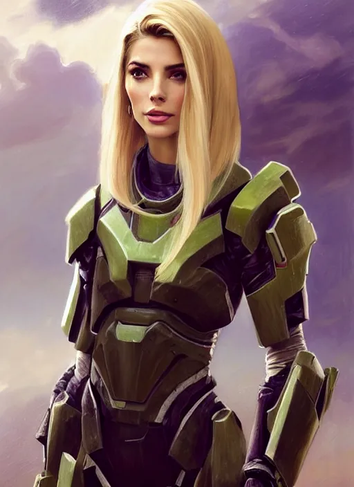 Image similar to portrait of a combination of Ashley Greene, Victoria Justice and Adriana Dxim, Grace Kelly and Lily Collins with blonde hair wearing Forerunner Armor from Halo, countryside, calm, fantasy character portrait, dynamic pose, above view, sunny day, thunder clouds in the sky, artwork by Jeremy Lipkin and Giuseppe Dangelico Pino and Michael Garmash and Rob Rey and Greg Manchess and Huang Guangjian, very coherent asymmetrical artwork, sharp edges, perfect face, simple form, 100mm