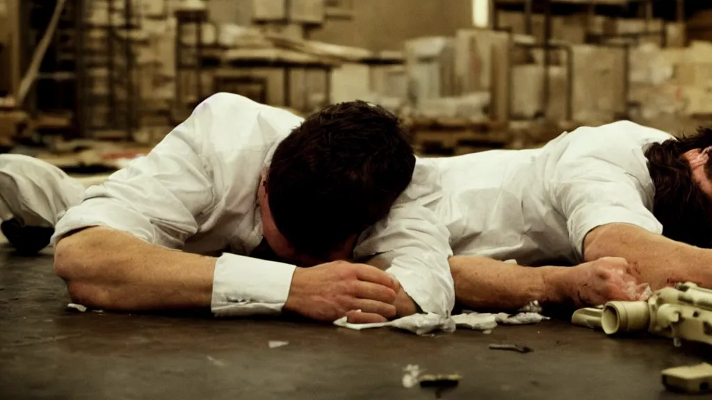 Image similar to film still of a wounded man in a white shirt laying in a warehouse next to a gun on the ground. moody, grainy, 4 k, high detail, aesthetic, good composition, anatomically correct, directed by quentin tarantino,