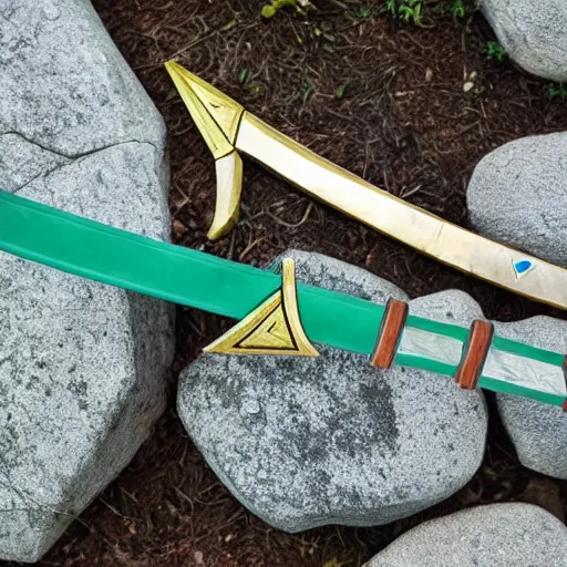 Prompt: legend of zelda master sword stuck in a stone, wide angle view