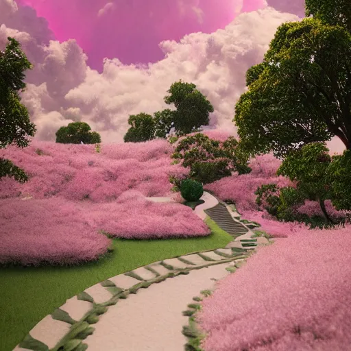 Image similar to a path to a dream crystal pink estate, clouds like Marshmallow, the image is like beautiful dream, pink sun, 4k post-processing highly detailed, art station, unreal engine + cinematography by Wes Anderson, Wide angle shot, 1970s Marie Antoinette, futuristic, volumetric light, Fuji film, intricate detail, hyperreal, hyperrealistic, 4K, Octane render, unreal engine cinematic, sublime atmosphere,