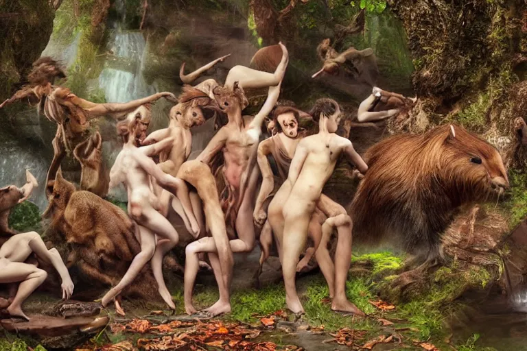 Prompt: fauns, witches and talking beavers. photo - realistic hd, hyperrealism, colourful, highly detailed, cinematic, luminescence, 3 2 k, dop, high contrast, intricate, mystery, epic, fantasy