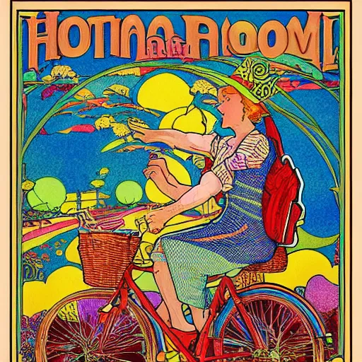 Prompt: hoffman bicycle trip, blotter art, in the style of robert crumb and lisa frank, studio ghibli, mucha, art nuevo, art deco, beautiful nature, serenity, cartoon