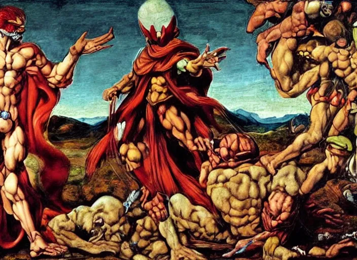 Image similar to Michaelangelo's masterpiece The Creation of Adam, repainted and reimagined by Todd McFarlane, in the style of Spawn and the Maxx