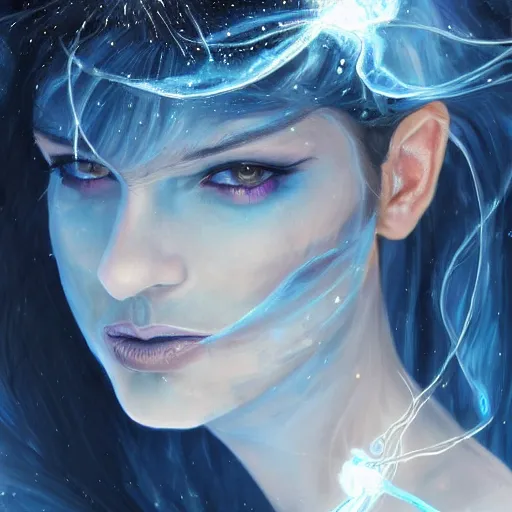 Prompt: masterpiece portrait of an aesthetic mage woman, ice spell, 3 0 years old woman, thin facial features, black dynamic hair, wearing silver diadem with blue gems inlays, silver necklace, painting by joachim bergauer and magali villeneuve, atmospheric effects, chaotic blue sparks dynamics in the background, intricate, artstation, fantasy