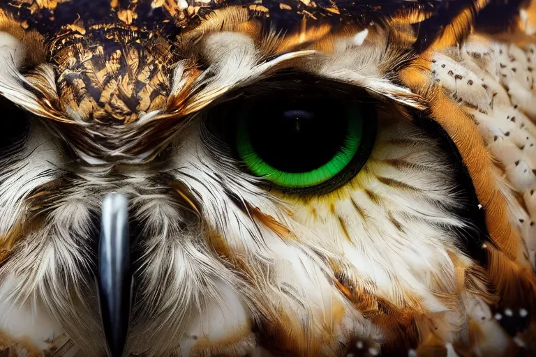 Image similar to the eye of an owl with golden feathers, hyperrealistic, many details, 3d render, octane, cinematic, macro photography