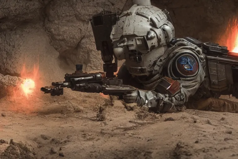 Image similar to VFX movie of a futuristic spacemarine in war zone, shooting gun natural lighting by Emmanuel Lubezki