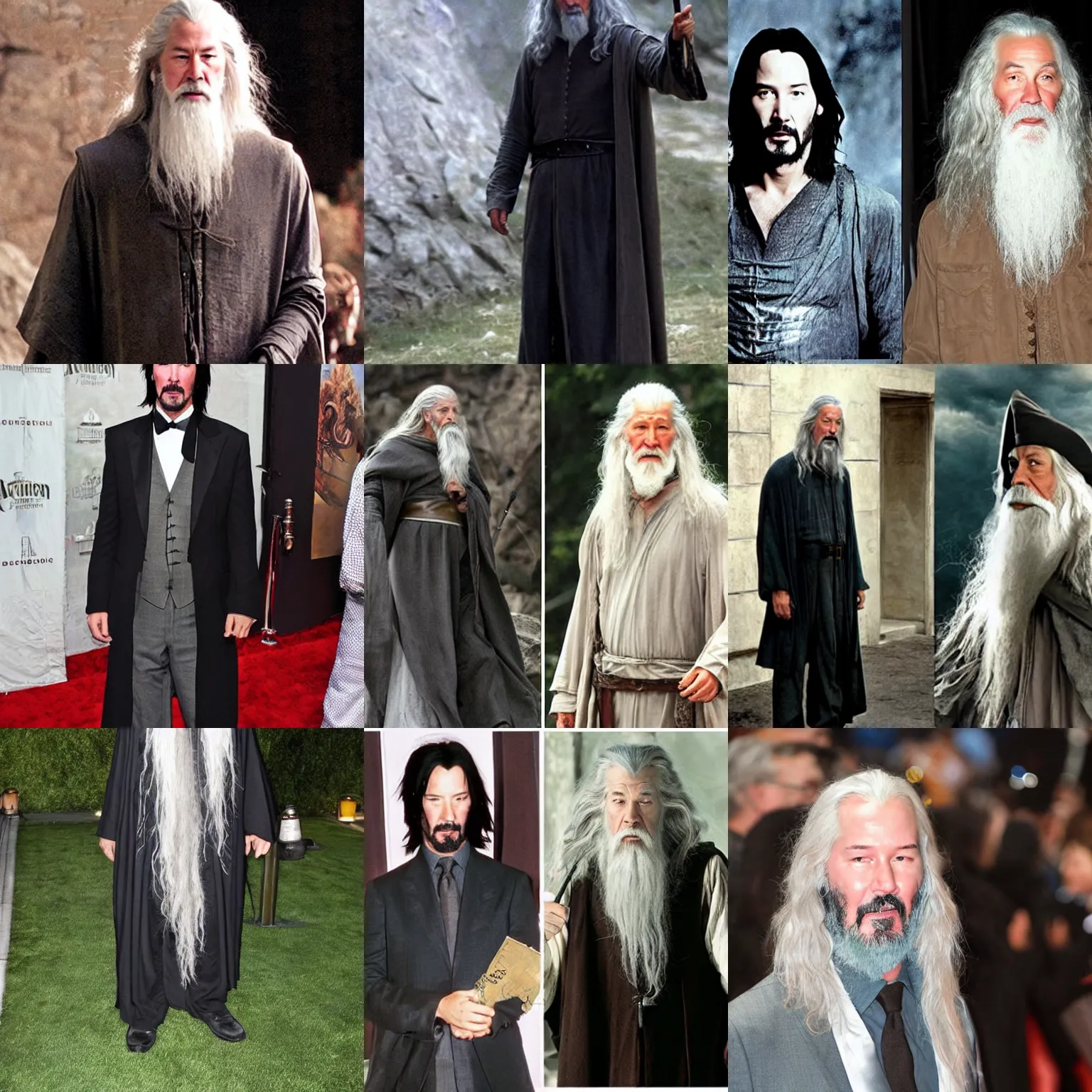 Prompt: keanu reeves dressed as gandalf, movie frame.