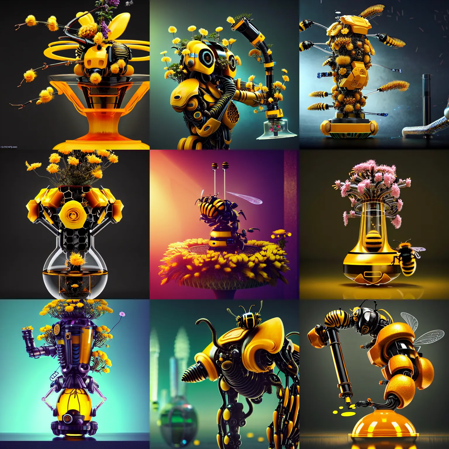 Prompt: complex biotech floral cyborg bumblebee bonsai honey bong | elaborate, fun, cyberpunk, galactic temple, weta disney movie still photo, hi - fructose, sci fi fantasy, divine proportion, octane render, sharp focus, artstation, concept art | dyson, feng zhu, rutkowski, beeple