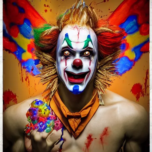 Image similar to 4K headshot of godlike clown with defined arms and open hands and bloody clothes with giant mandala wings , intricate clown face make-up , flawless anime cel animation by Kentaro Miura, psychedelic , highly detailed upper body , professionally post-processed , beautiful, scary, symmetry accurate features, epic, octane rendered, anime masterpiece, accurate