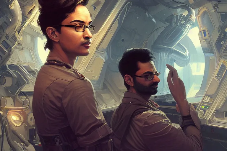 Image similar to Sensual good looking pale young Indian doctors wearing Deus Ex clothing in a space station above Earth, portrait, elegant, intricate, digital painting, artstation, concept art, smooth, sharp focus, illustration, art by artgerm and greg rutkowski and alphonse mucha