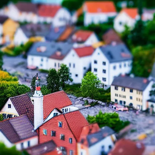 Image similar to a cute Swedish village, tilt-shift photograph, extremely detailed