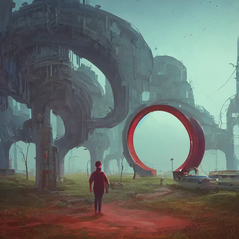 Image similar to through a portal. Detailed digital matte painting in the style of simon stalenhag