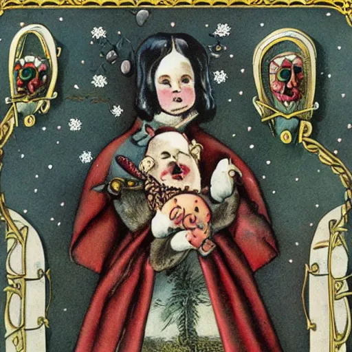 Image similar to a breathtakingly weird bizarre victorian christmas card