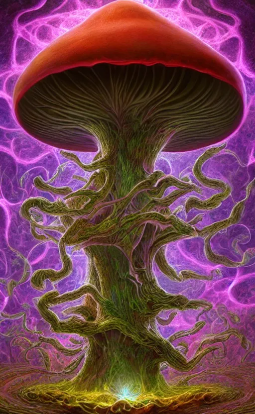 Image similar to enormous mushroom man deity of the stars resides inside void manifold, mycelium forms quantum foam, fractal of scary dirac equations, portrait by ross tran, timeline nexus, ascending universes, a dnd illustration of esoteric concept by cgsociety and james gurney, artstation, hdr, rtx, iridescent wise mushroom deity