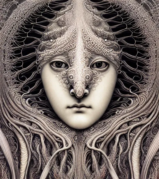 Image similar to detailed realistic beautiful squid goddess face portrait by jean delville, gustave dore, iris van herpen and marco mazzoni, art forms of nature by ernst haeckel, art nouveau, symbolist, visionary, gothic, neo - gothic, pre - raphaelite, fractal lace, intricate alien botanicals, ai biodiversity, surreality, hyperdetailed ultrasharp octane render