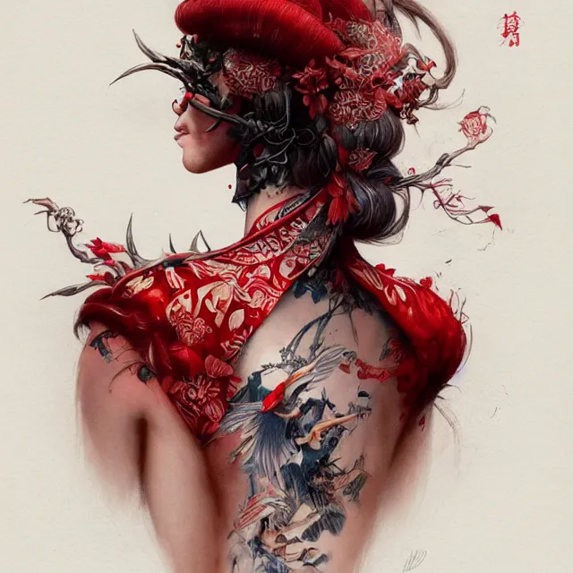Image similar to ultra realistic illustration, beautiful woman dressed in red kimono, backview, tattoos, in the style of peter mohrbacher by weta digital and beth cavener, high face symmetry, intricate, masterpiece, award winning, high face symmetry, intricate