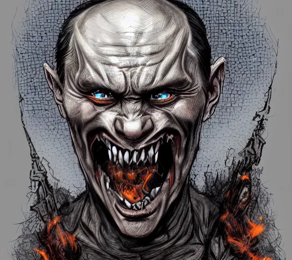 Image similar to vladimir putin as a scary monster in hell, highly detailed, amazing digital art, trending on artstation