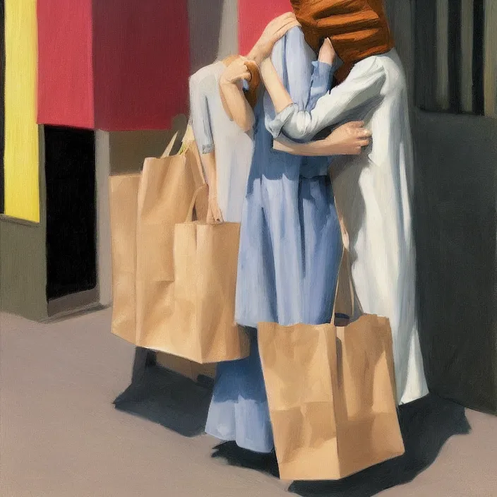 Prompt: two women hugging with a paper bag over the head dressed in plastic bags highly detailed artstation art by edward hopper zdislav beks