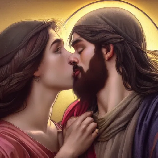 Image similar to jesus kissing a sensual woman in jerusalem, elegant, highly detailed, digital painting, artstation, concept art, matte, sharp focus, highly detailed, 4 k, hdr, smooth, sharp focus, high resolution, award - winning photo, photorealistic, art by artgerm and greg rutkowski and alphonse mucha, large shot