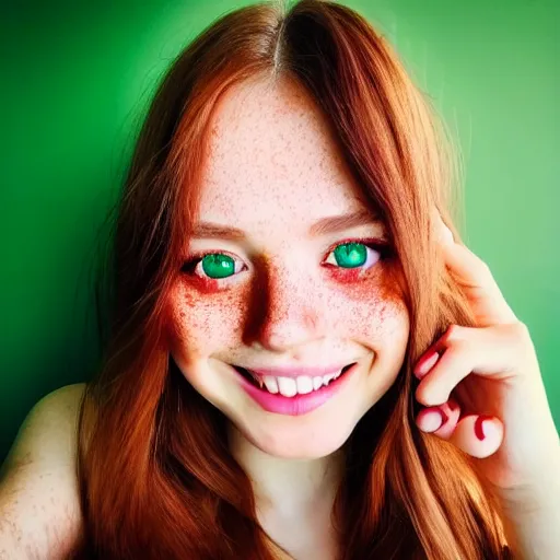 Image similar to beautiful hyperrealism selfie of a cute 3 d young woman smiling softly, long light bronze brown hair, cute freckles, flushed face, red blush, small heart - shaped face, soft features, emerald green eyes, golden hour, 8 k, sharp focus, instagram