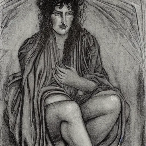 Image similar to A beautiful print. Her cell is as bare as mine. She is sitting in the middle, hugging her knees, wrapped in a toga-like garment. by Austin Osman Spare natural