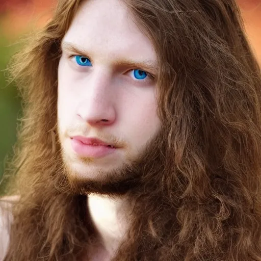 Prompt: 21 year old long brown hair, blue eyes, male, metalhead
