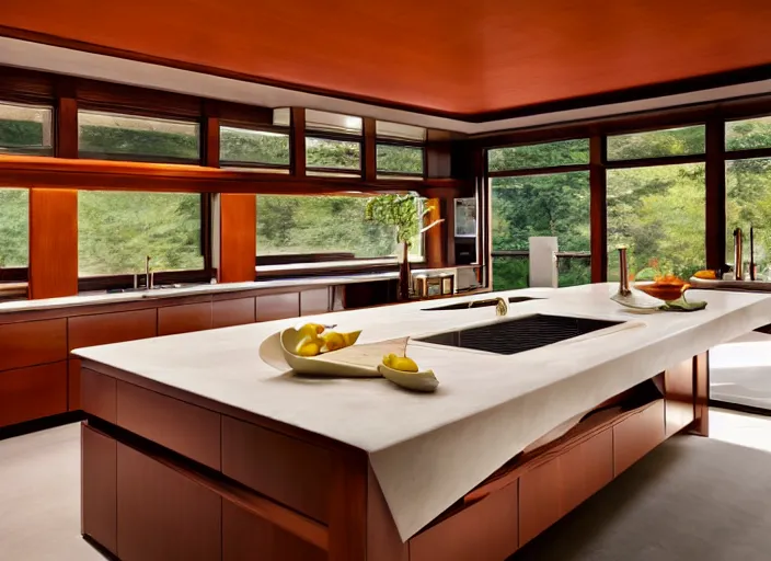 Prompt: a high end luxury kitchen designed by frank lloyd wright, interior design magazine photography