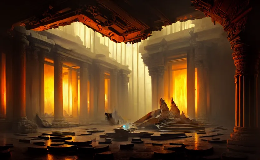 Image similar to The interior of an mytical and ancient temple dragons in ruins, fire light, atmospheric lighting, fog, mysterious, arem, intricate, elegant, volumetric lighting, digital painting, highly detailed, artstation, sharp focus, illustration, concept art, ruan jia, steve mccurry