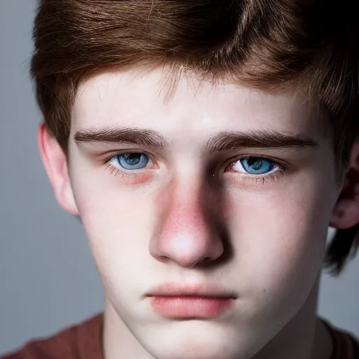 Image similar to Portrait of a sad looking teenage boy, around 21 yo, natural brown hair and smooth pale skin. Detailed face and eyes. Award winning photograph.