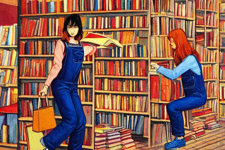 Image similar to woman wearing overalls in a bookstore warm colors painting moebius isometric