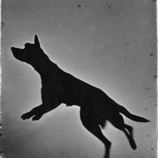 Image similar to a blurry 1 9 0 0 s photograph of a black dog flying in the night sky, moonlight,