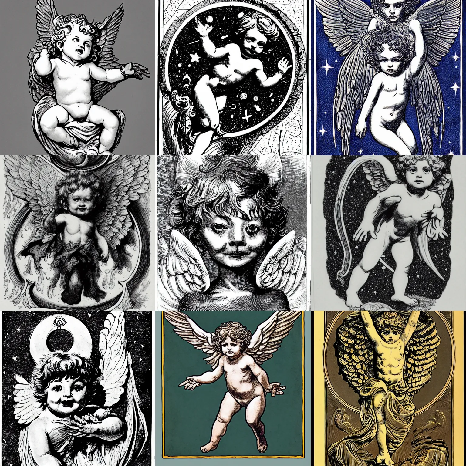 Prompt: pieces astrological sign as a cherub in the style of wrightson, bernie