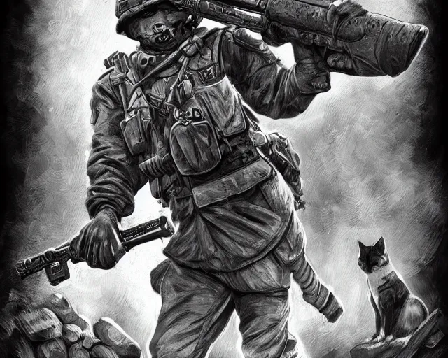 Image similar to A soldier cat in world war one, close-up, black and white, amazing digital art, hyper detailed, artstation, in the style of Tony Sart