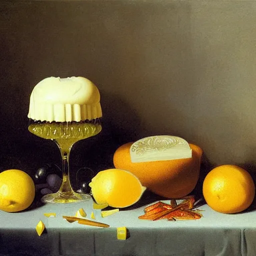 Prompt: still-life a mayonnaise and gelatin jello mold with lemons, pickles, and herring acrylic painting Jean-auguste dominique ingres peter mohrbacher norman rockwell paul emsley antonio j. manzanedo michael kutsche waldemar von kozak