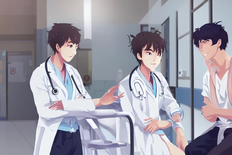 Image similar to a cute and beautiful young female doctor wearing white coat are talking with a handsome young man wearing white coat in a hospital ward, highly detailed, digital painting, slice of life anime, illustration, anime scenery by Makoto shinkai