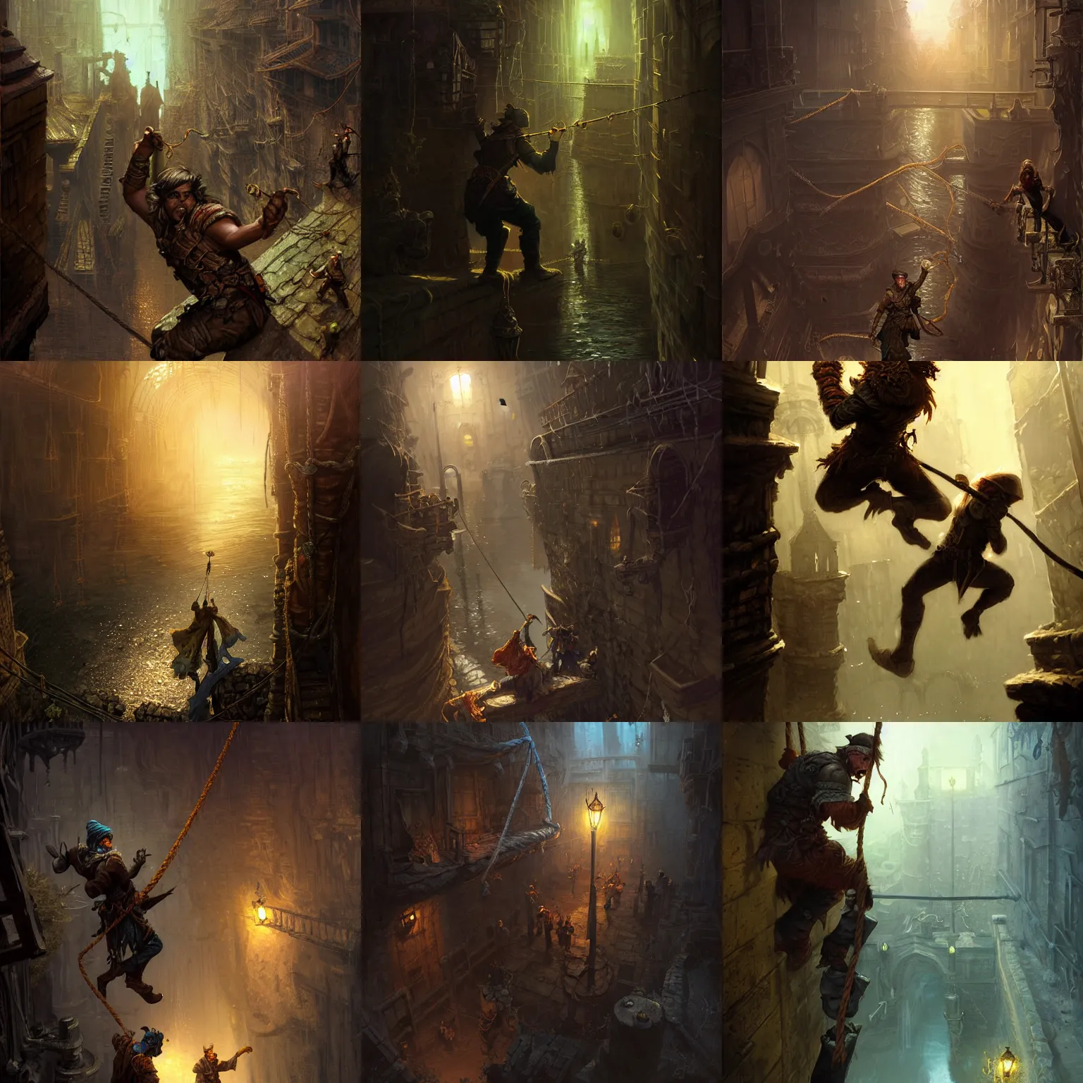 Prompt: couple of dnd thiefs climb down by hanging rope into sewer waterworks deeps, darkness, black and brown, torchlight, thievery equipment, night, gray stones, slime, fogy, shade, fantasy digital art, detailed face, gorgeous, colorfull, amazing, intricate, highly detailed, painting by gaston bussiere, craig mullins