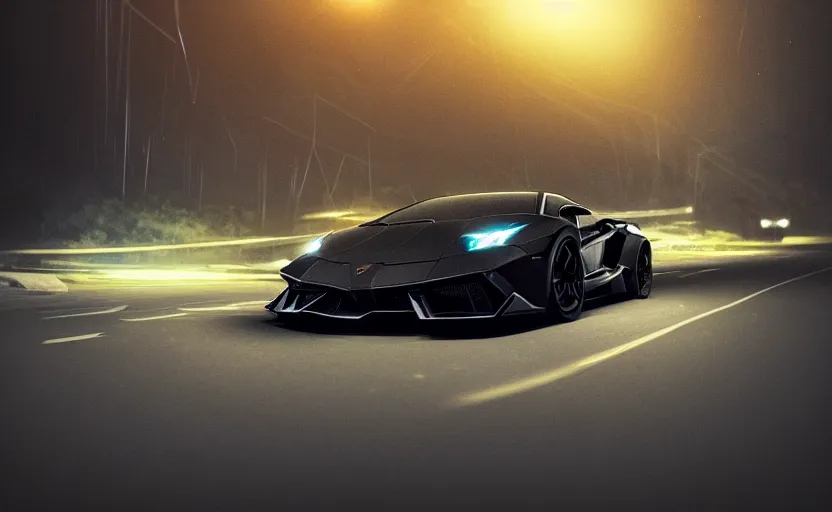 Prompt: a black Lamborghini in the mountain road at night whit cyan headlights on, by Khyzyl Saleem, night time, atmospheric, artstaion, concept art, illustration, sharp focus, high detail, octane render, cyberpunk, intimidating