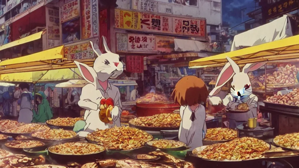 Image similar to a rabbit being cooked in a street market, anime film still from the an anime directed by Katsuhiro Otomo with art direction by Salvador Dalí, wide lens