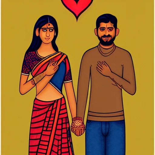 Image similar to perfectly centered symmetrical split male and female portrait of young indian man and woman in love sharing one heart. illustration, highly detailed, simple, no jagged lines, smooth, artstation, artwork by chip zdarsky