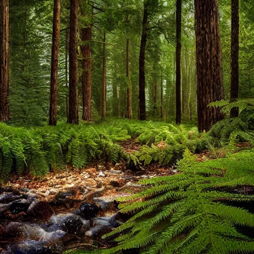 Image similar to dark pine tree forest clearing, with a small stream burbling along enclosed with fern, fireflies in the air, photorealistic, dimly lit, no breeze, mist over the ground, ground covered in pine needles and leafes