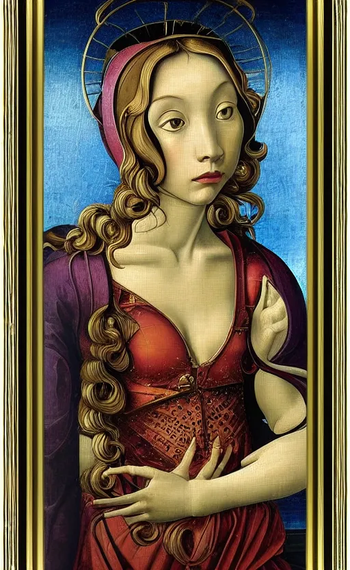 Image similar to blank canvas with an ornamental sci fi frame, beautiful metallic frame, goldn details, in the style of sandro botticelli, caravaggio, albrecth durer