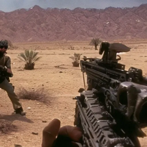 Prompt: special forces muppets fighting in a desert. photograph from action movie.