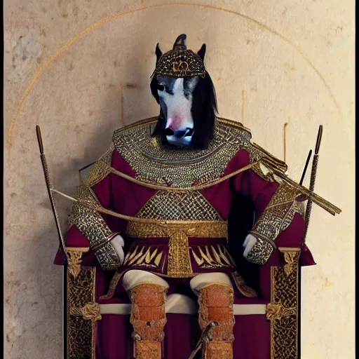 Prompt: A horse as the byzantine emperor sitting in his throne, digital art, detailed, realistic, artstation