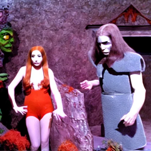 Image similar to stills from the Hammer horror movie Lair of the Carrot People (1973)