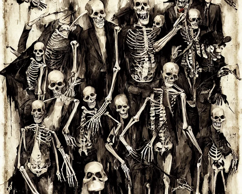 Image similar to a horror movie poster about a skeleton mafia